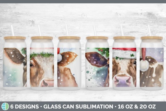 Christmas Cow Glass Can: Festive Illustrations