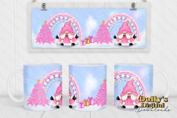 Pink Christmas Gnome Mug Wrap: Festive Illustrations
